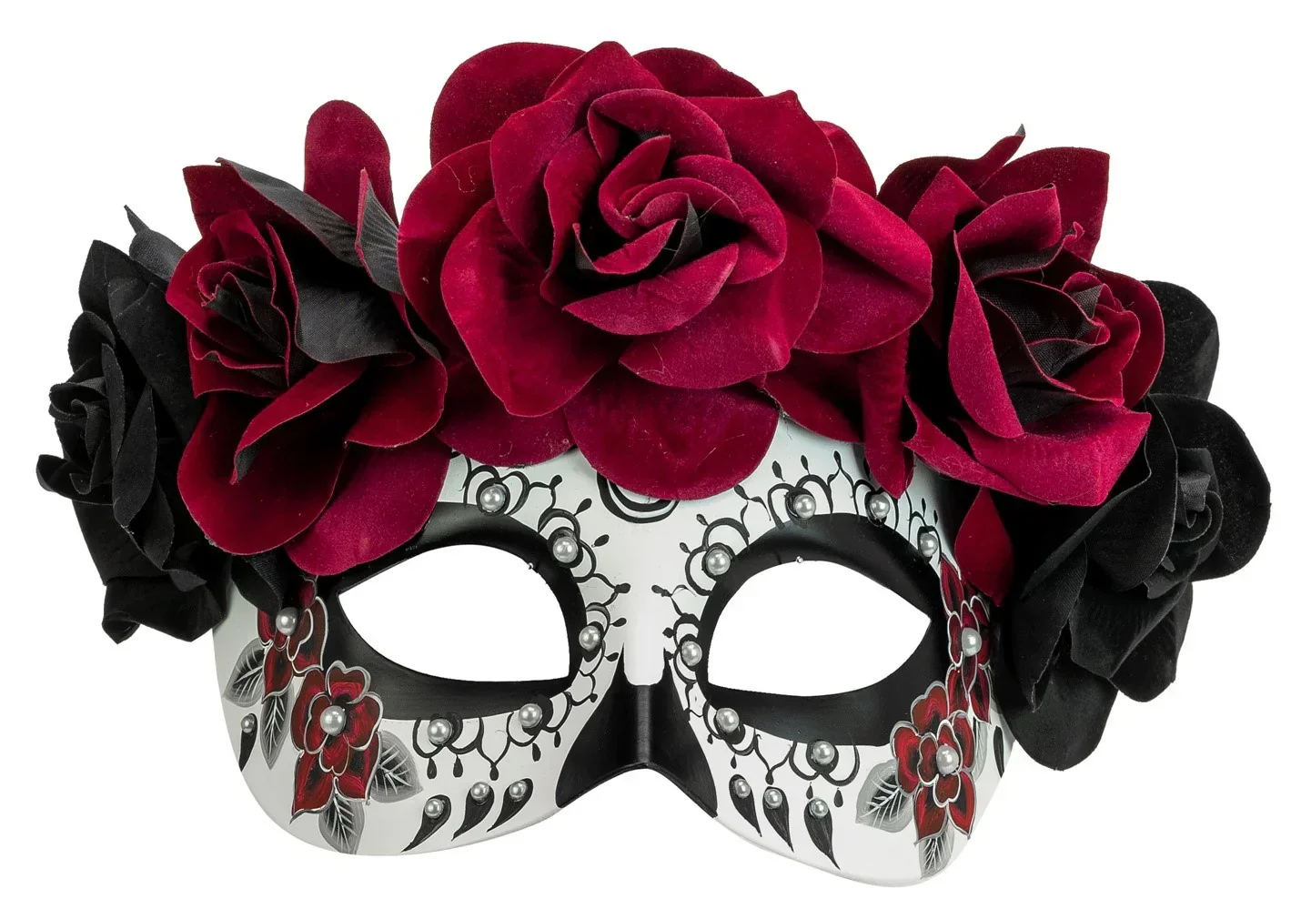 Antifaz de Catrina con Rosas Negras y Rojo Burdeos