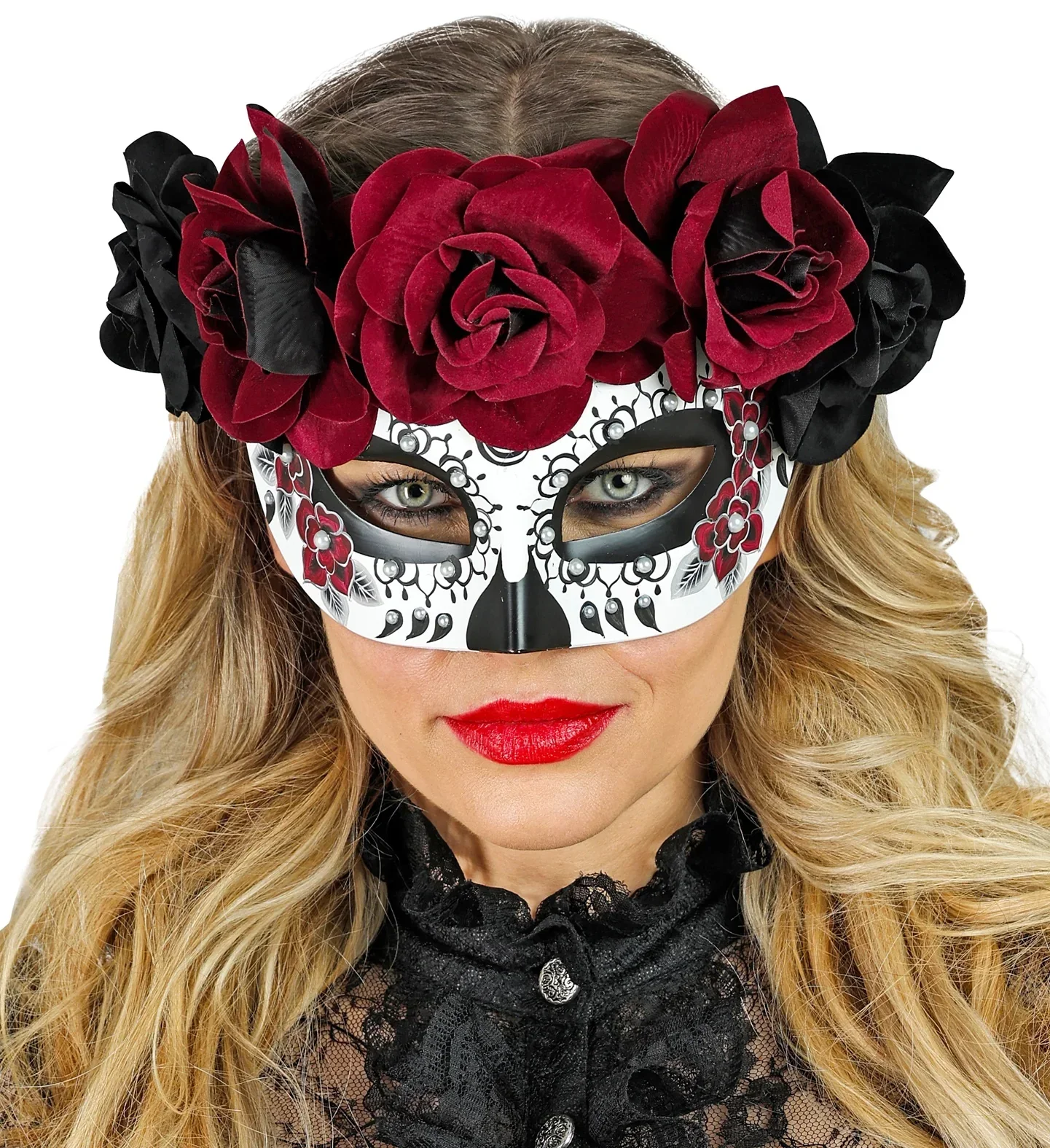 Antifaz de Catrina con Rosas Negras y Rojo Burdeos - Image 2