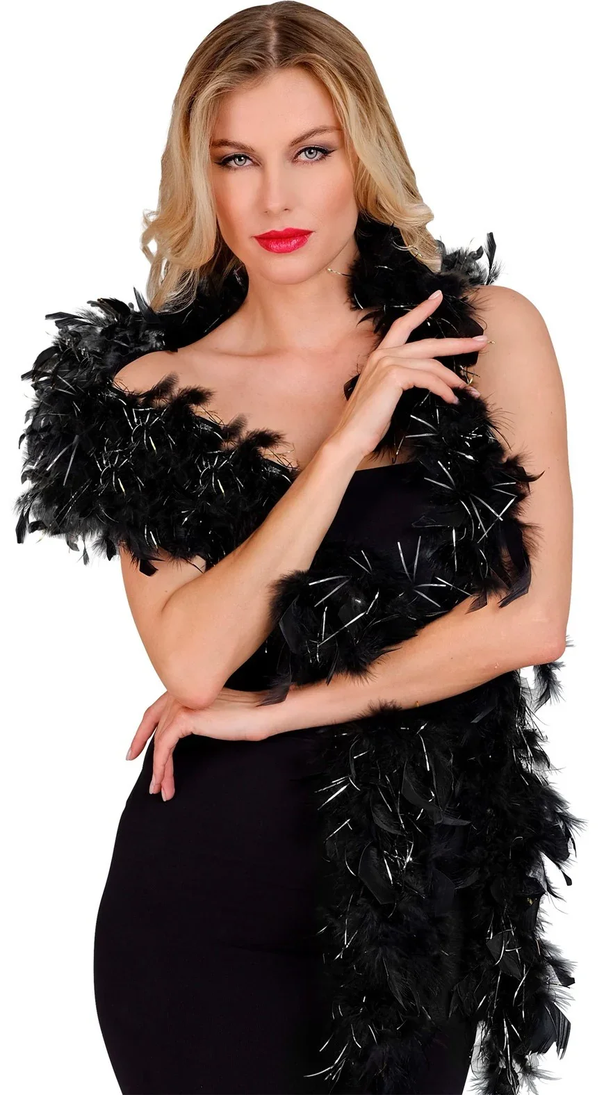 Boa de Plumas Negras con Filamentos Plateados de 180cm - Image 3