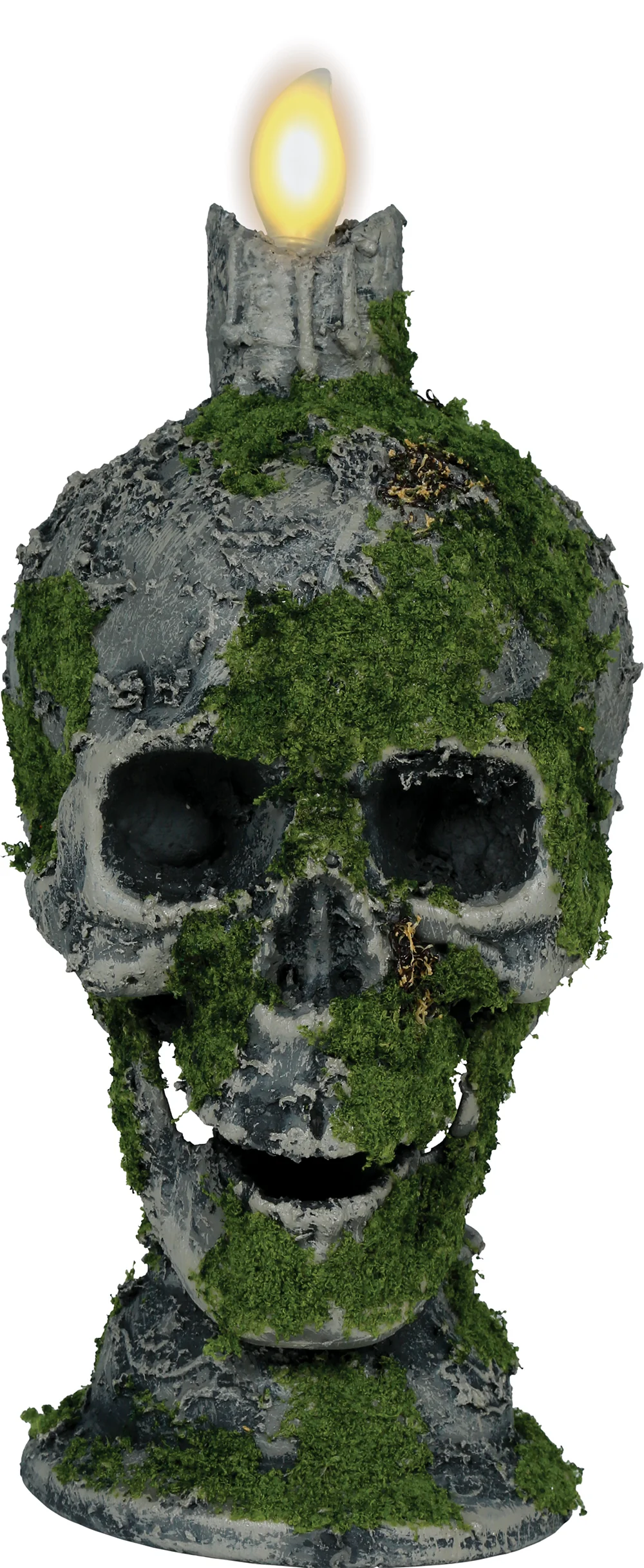 Calavera Gris con Musgo y Vela con Luz