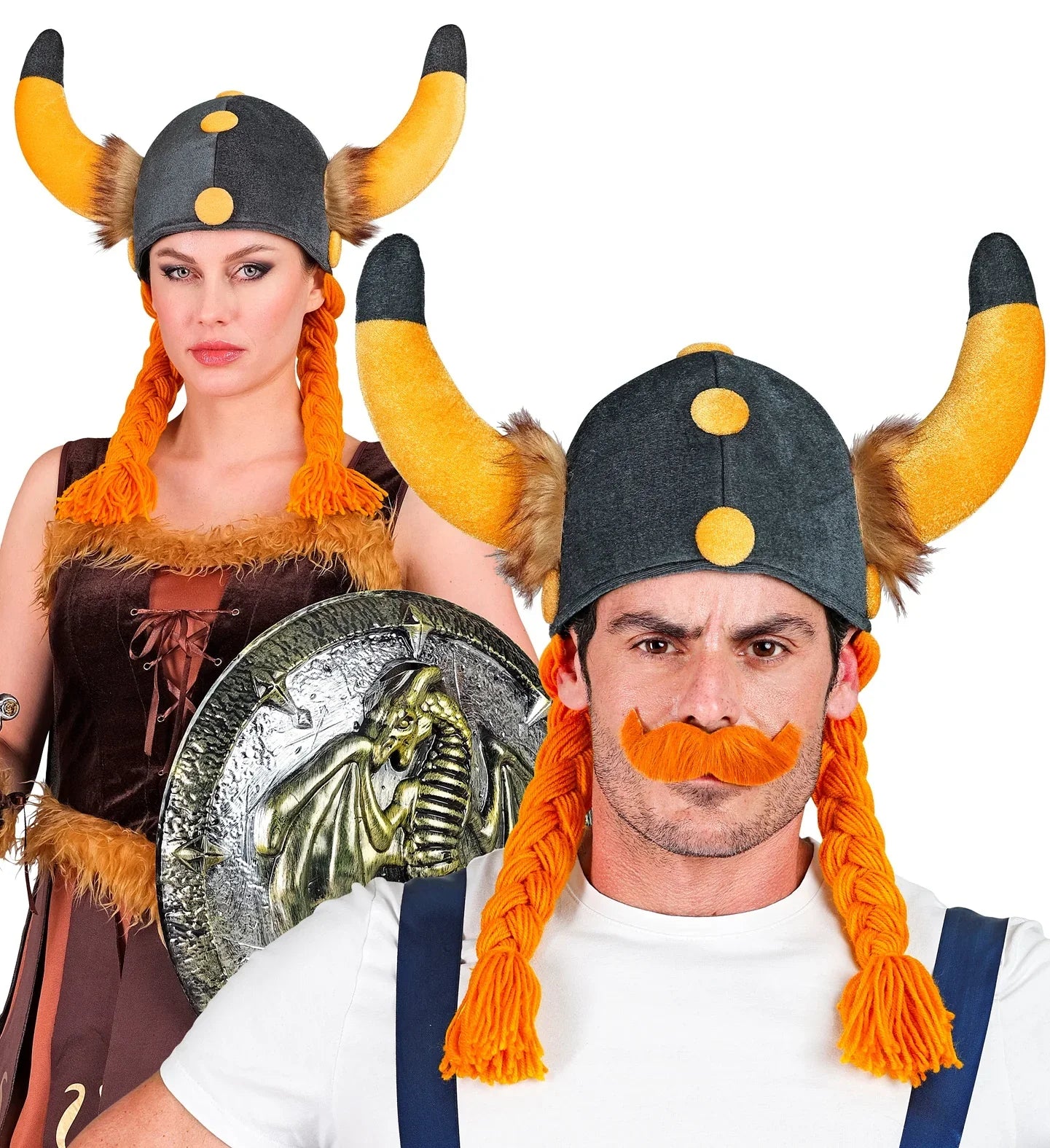 Gorro Vikingo con Cuernos y Trenzas Naranjas - Image 5
