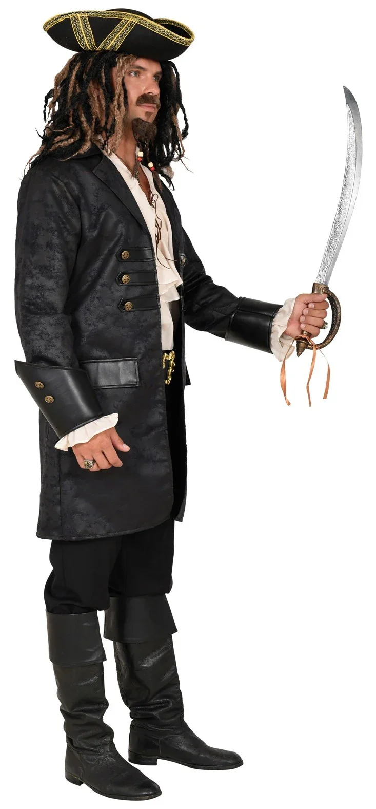 Chaqueta Steampunk o Pirata Larga Negra Efecto Cuero - Image 4