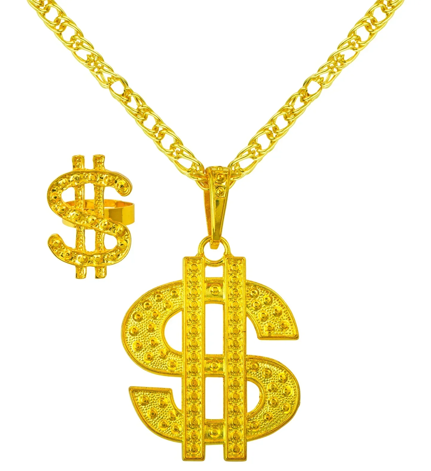 Collar y Anillo Dorados con el Símbolo del Dólar