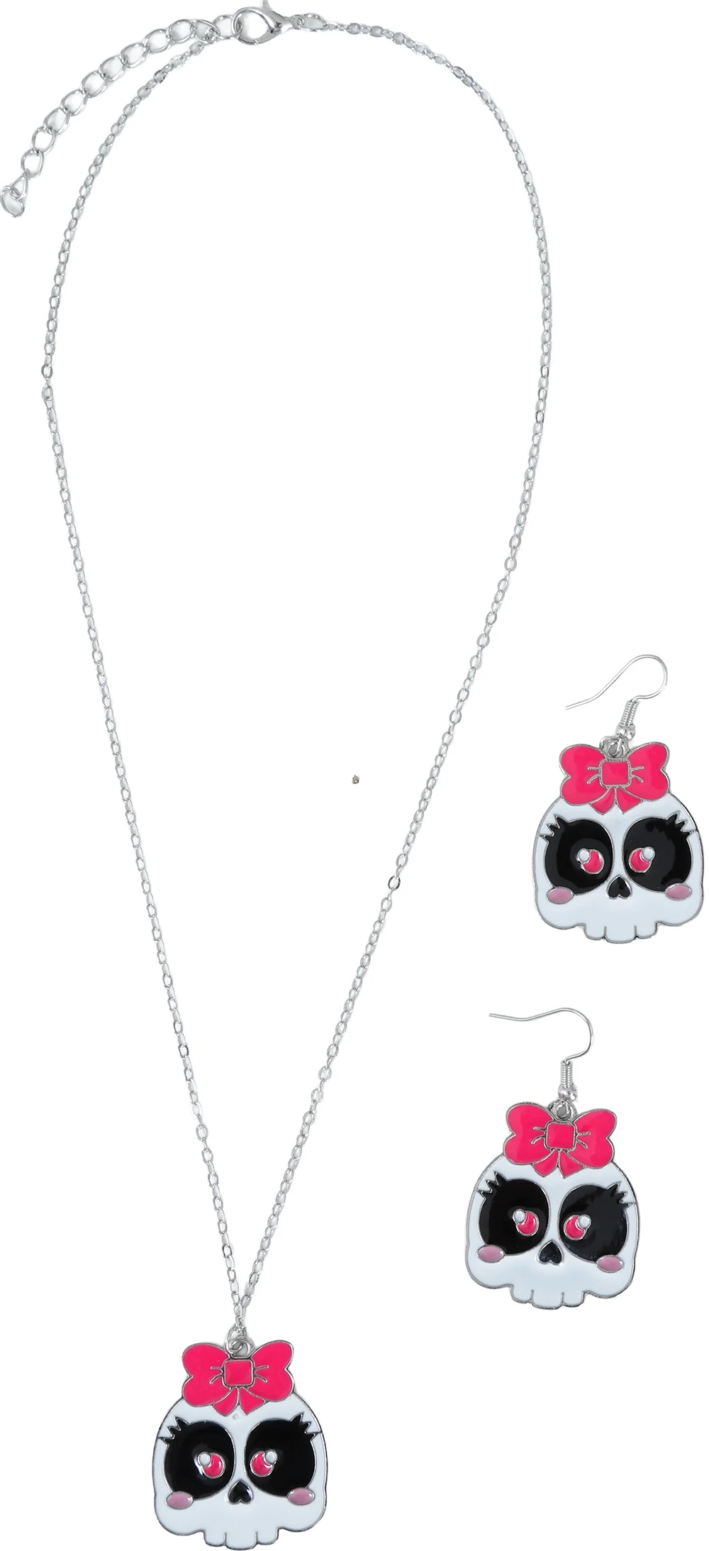 Collar y Pendientes de Calavera con Lazo Rosa - Image 3
