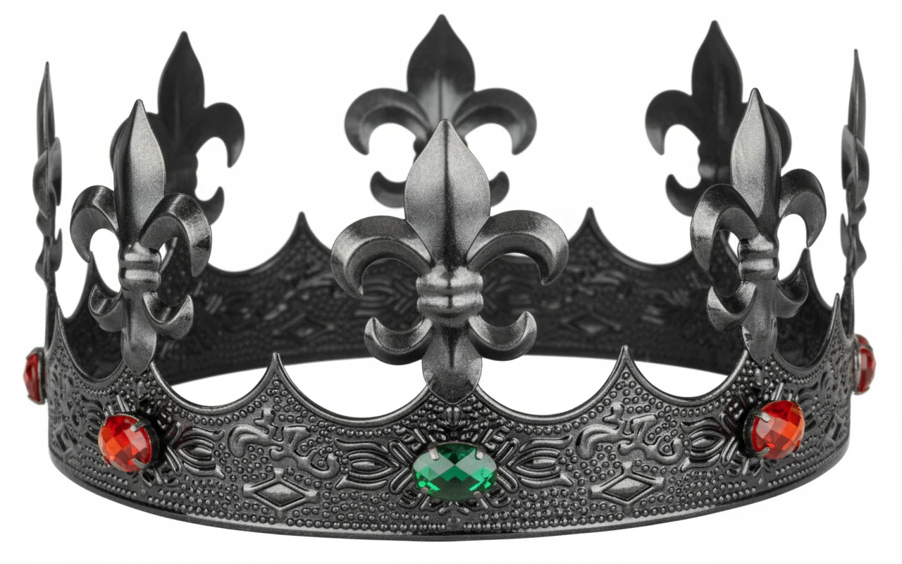 Corona de Rey Plateada Oscura de Metal con Pedrería