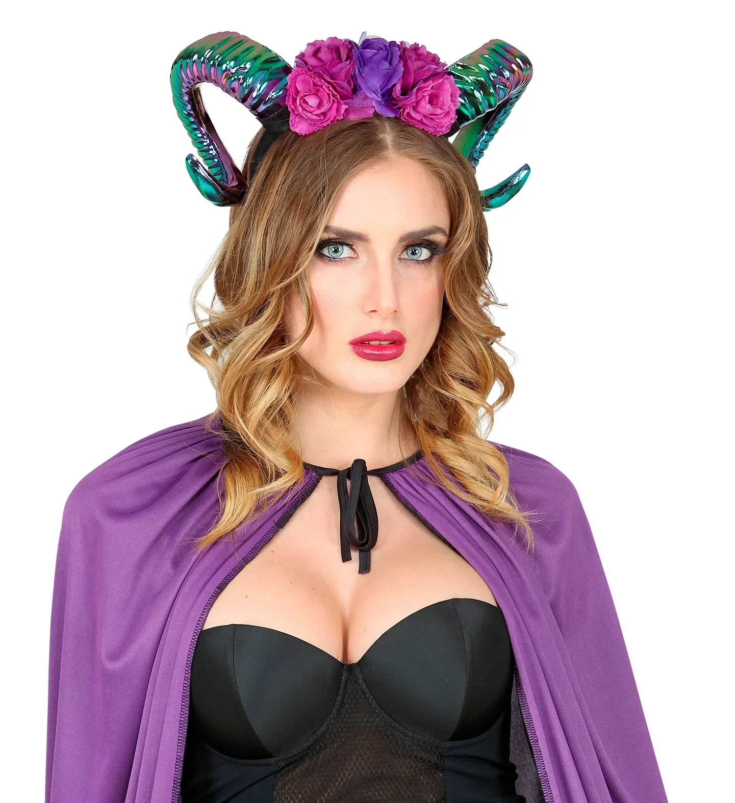 Diadema con Cuernos y Flores Rosas y Moradas - Image 3