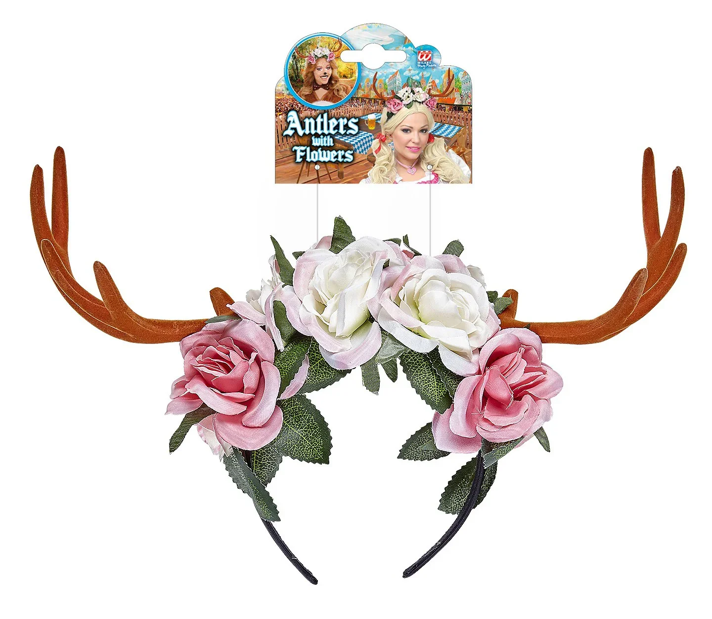 Diadema de Flores Rosas y Blancas con Cuernos - Image 3