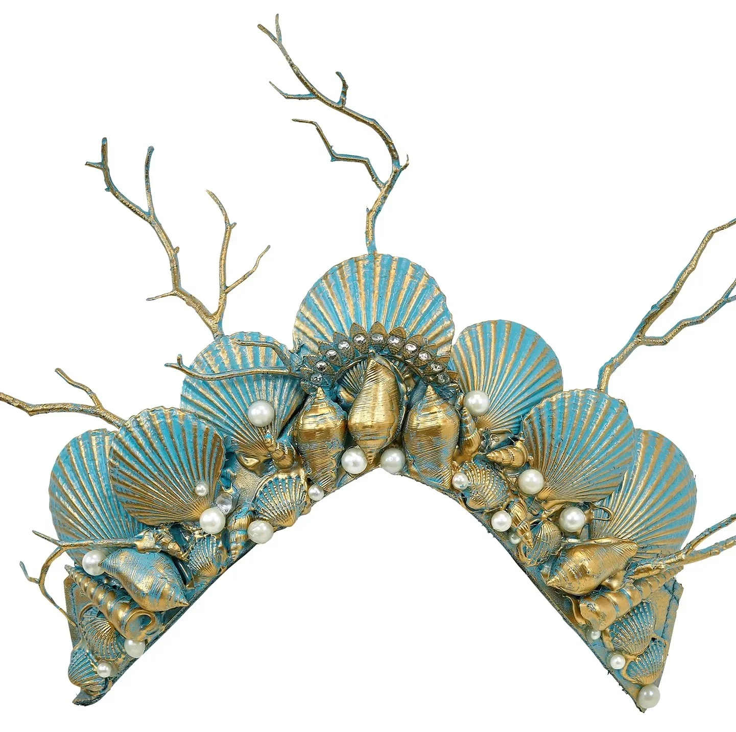 Diadema de Sirena Dorada con Conchas y Perlas