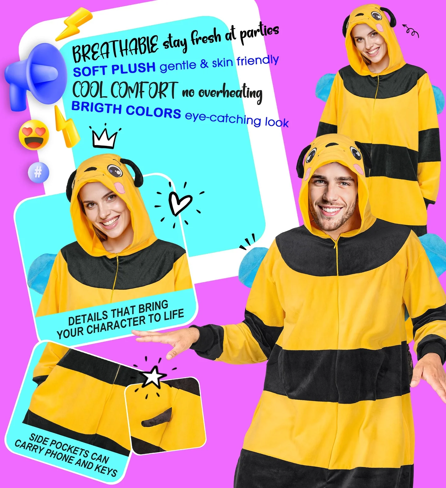 Disfraz de Abeja Pijama de Peluche para Adulto - Image 5
