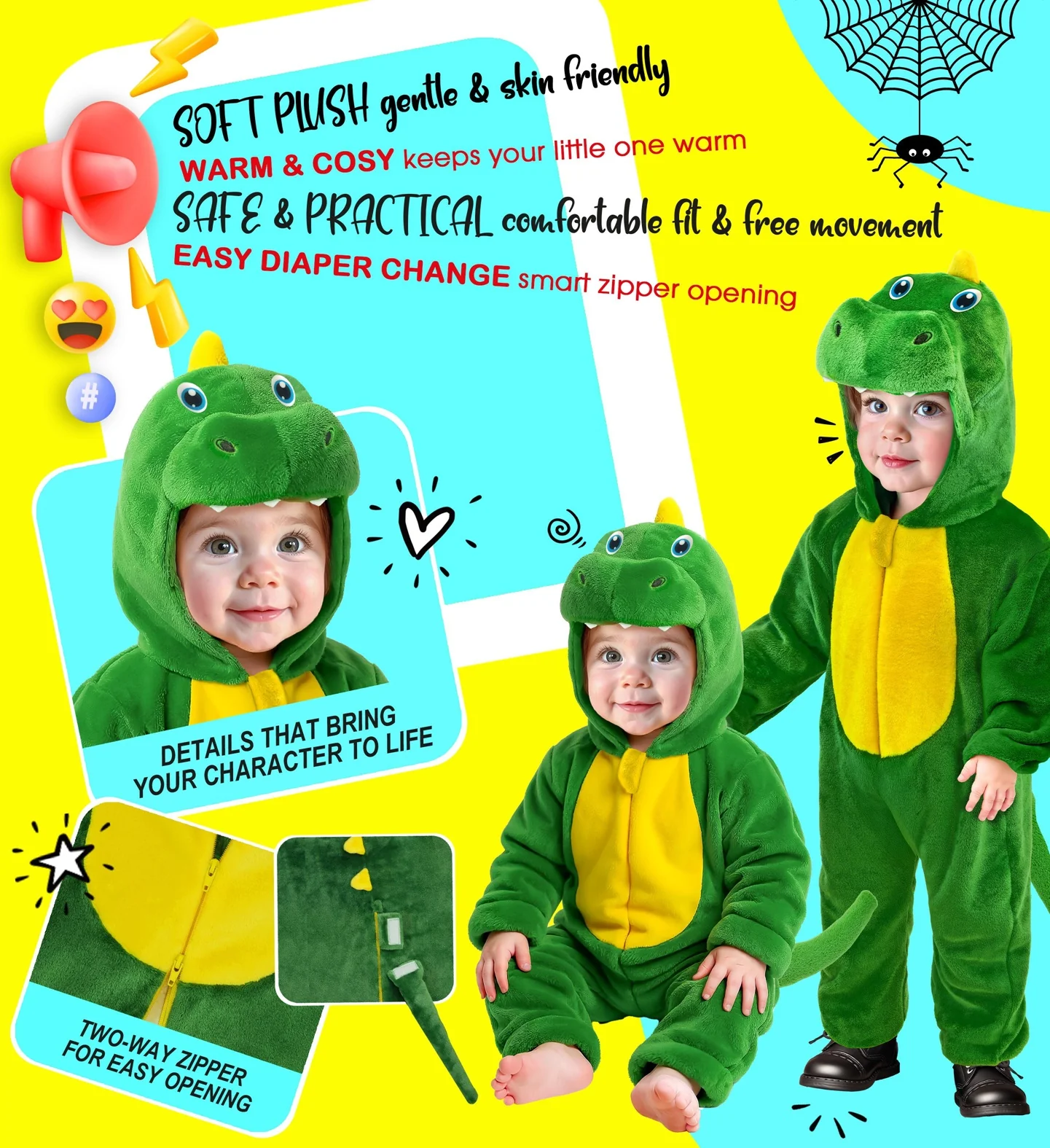 Disfraz de Dinosaurio Verde de Peluche para Bebé - Image 4