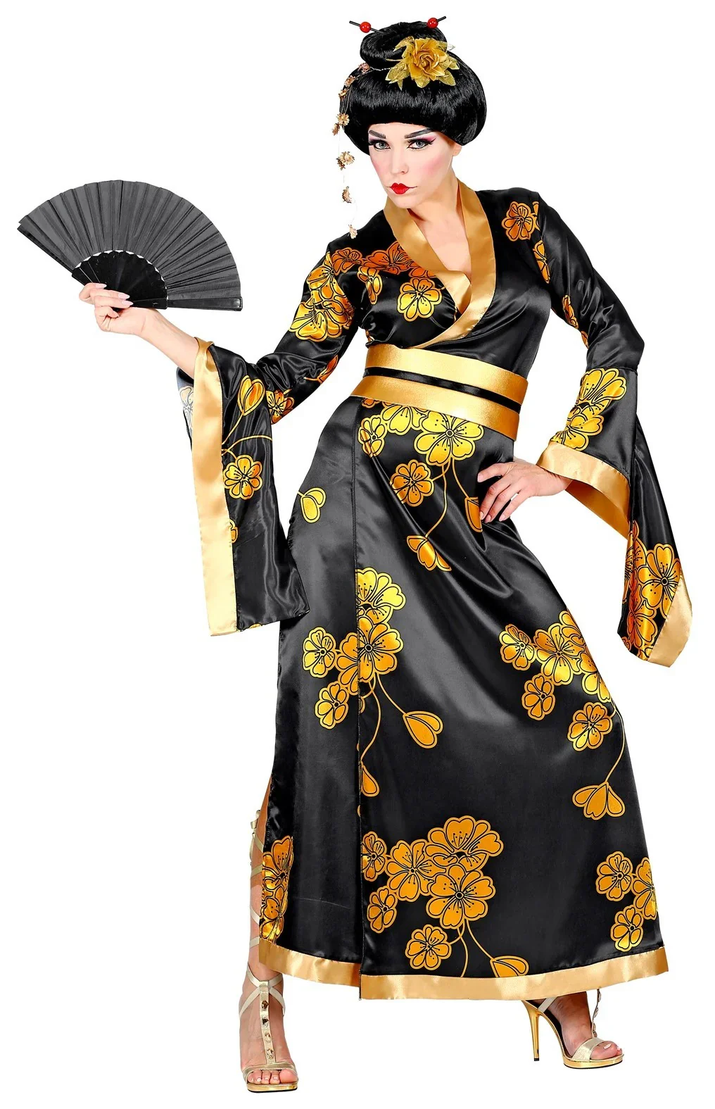 Disfraz de Geisha Negra con Flores para Mujer - Image 3