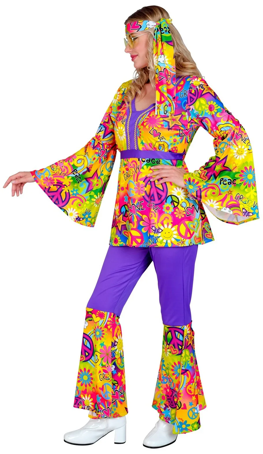 Disfraz Hippie Años 60 con Estampado Paz y Amor para Mujer - Image 4