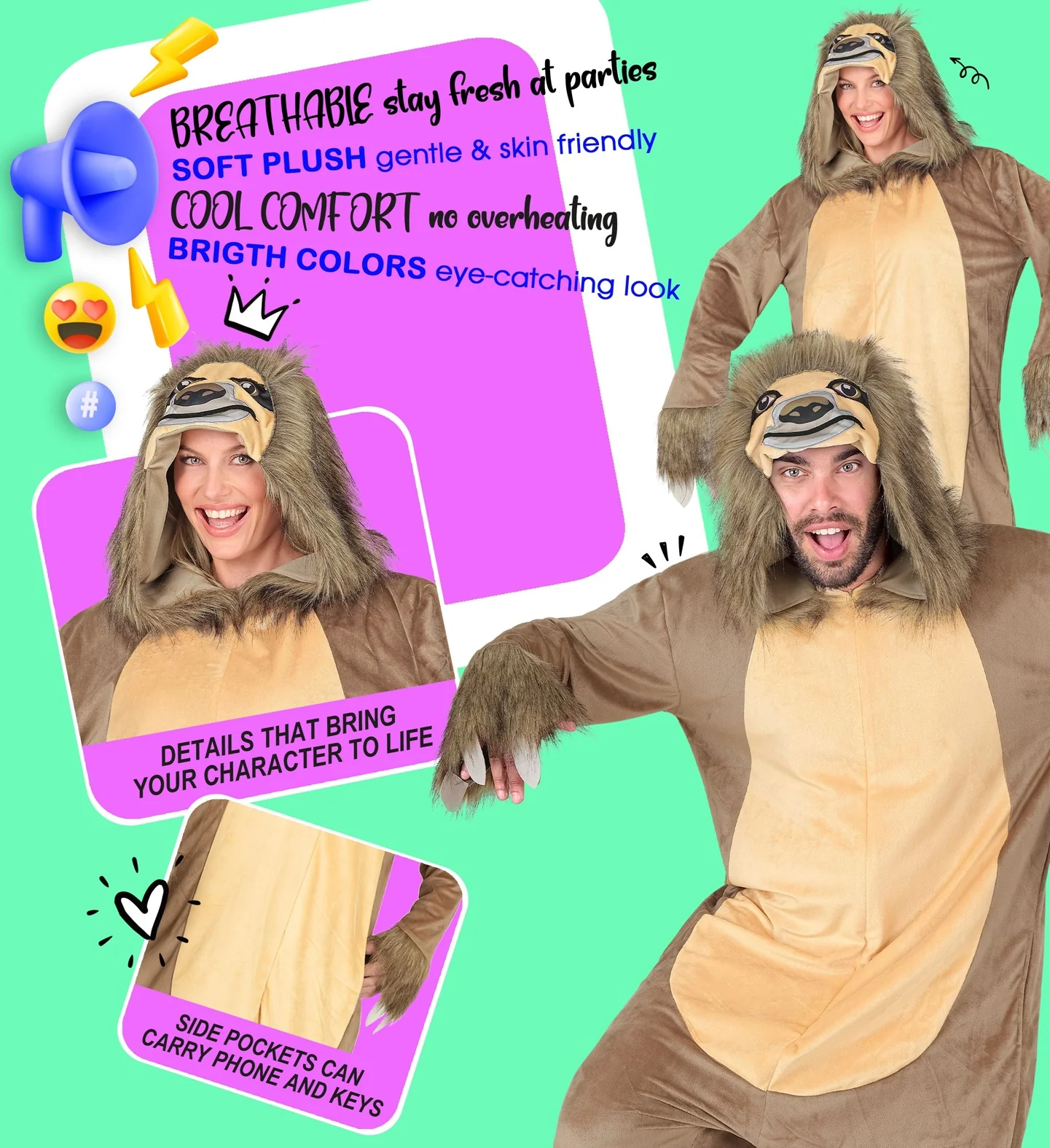 Disfraz de Perezoso Pijama de Peluche para Adulto - Image 4