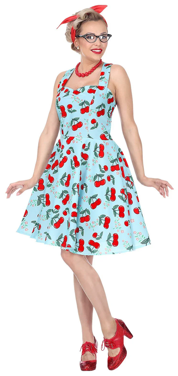 Disfraz Pin Up Años 50 Azul con Cerezas para Mujer - Image 3