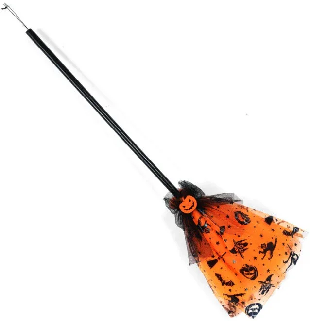 Escoba de Bruja Naranja con Estampado de Halloween