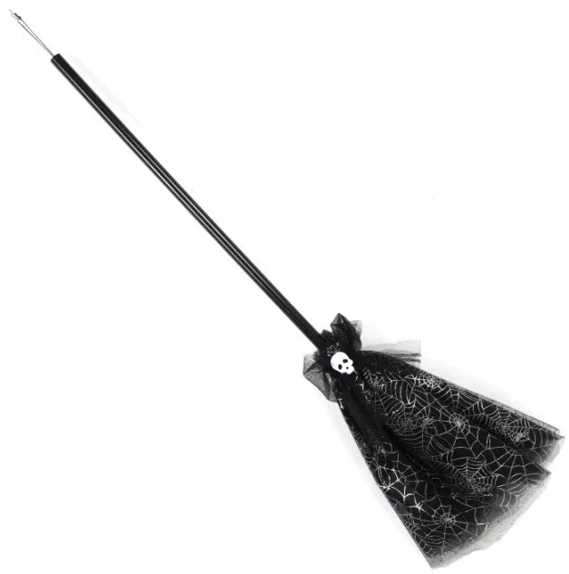 Escoba de Bruja Negra con Tul de Telarañas