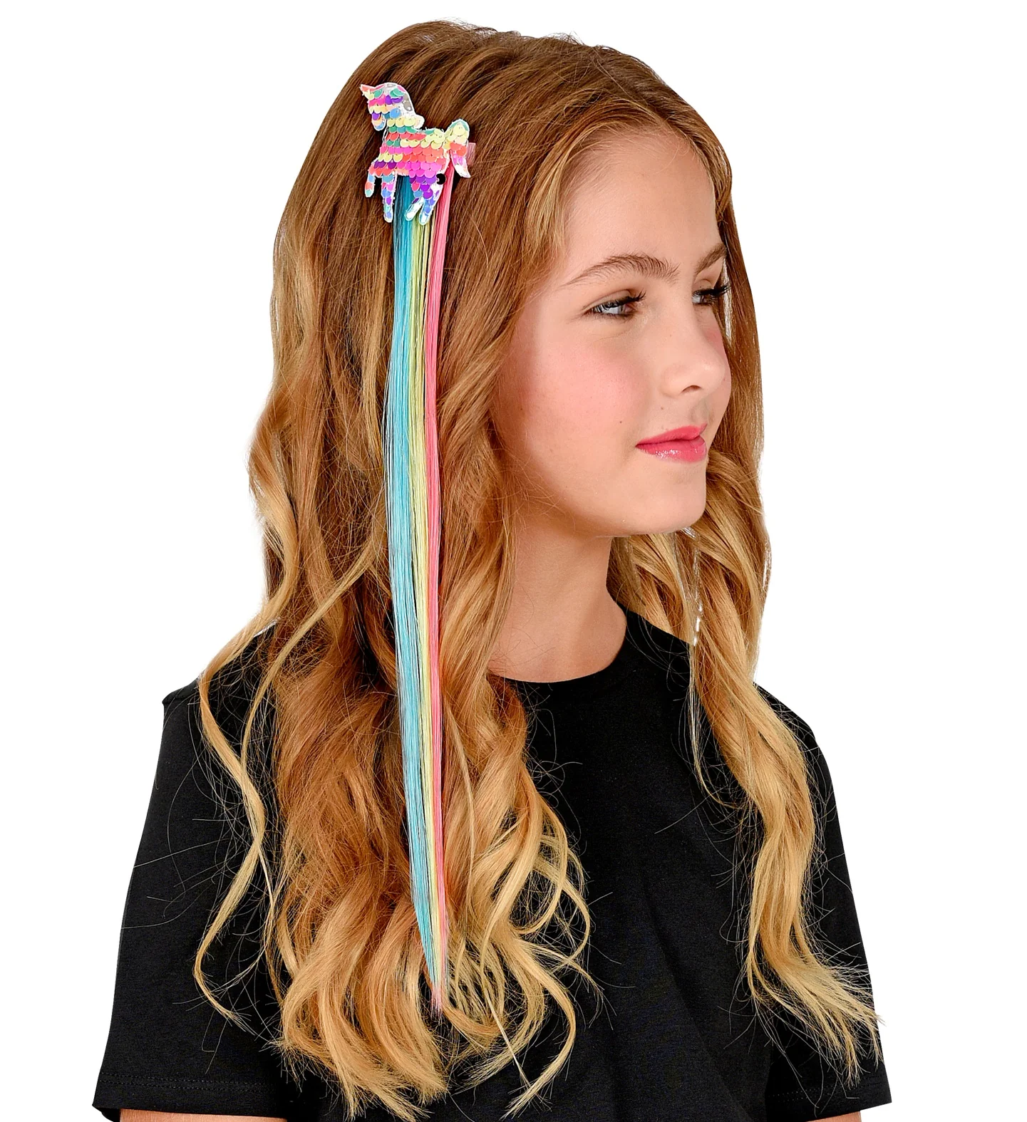 Extensión de Pelo Multicolor con Unicornio de Lentejuelas