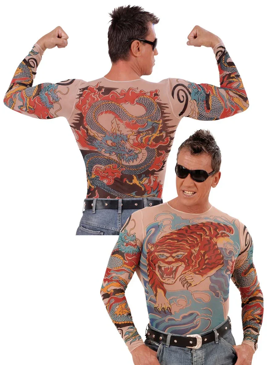 Malla Camiseta de Tatuajes de Tigre y Dragón para Hombre - Image 3