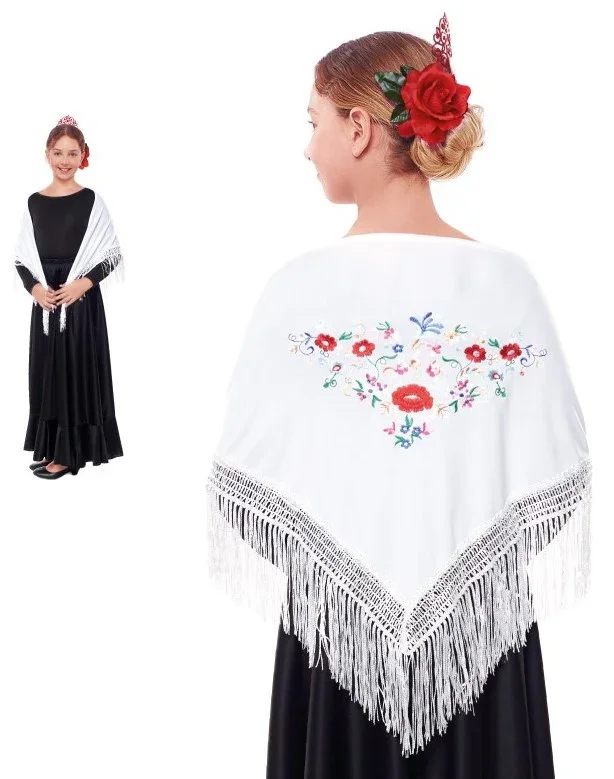 Mantón de Sevillana o Chulapa Blanco Bordado para Niña