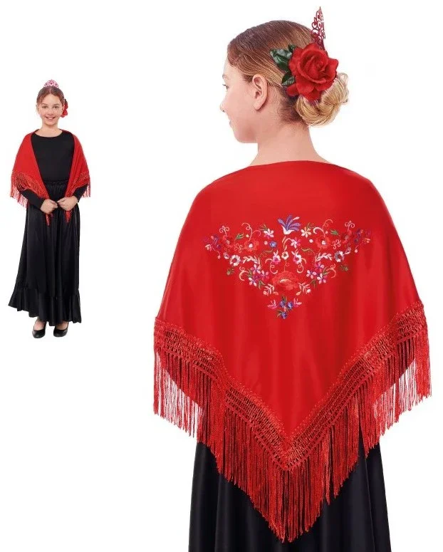Mantón de Sevillana o Chulapa Rojo Bordado para Niña