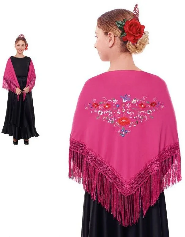Mantón de Sevillana o Chulapa Rosa Bordado para Niña