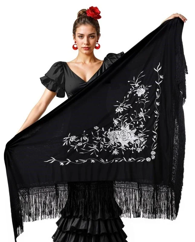 Mantón de Sevillana Negro con Bordado Blanco