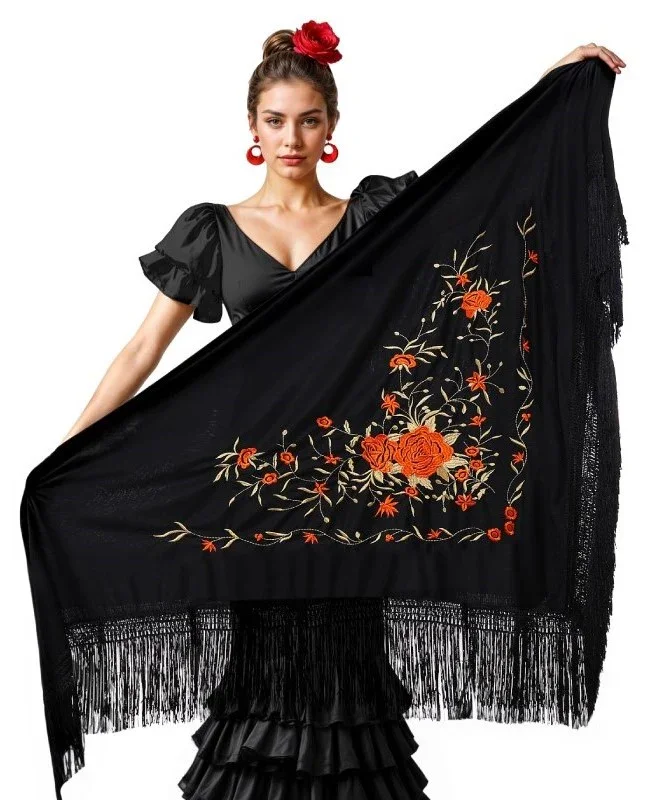 Mantón de Sevillana Negro con Bordado Rojo y Dorado