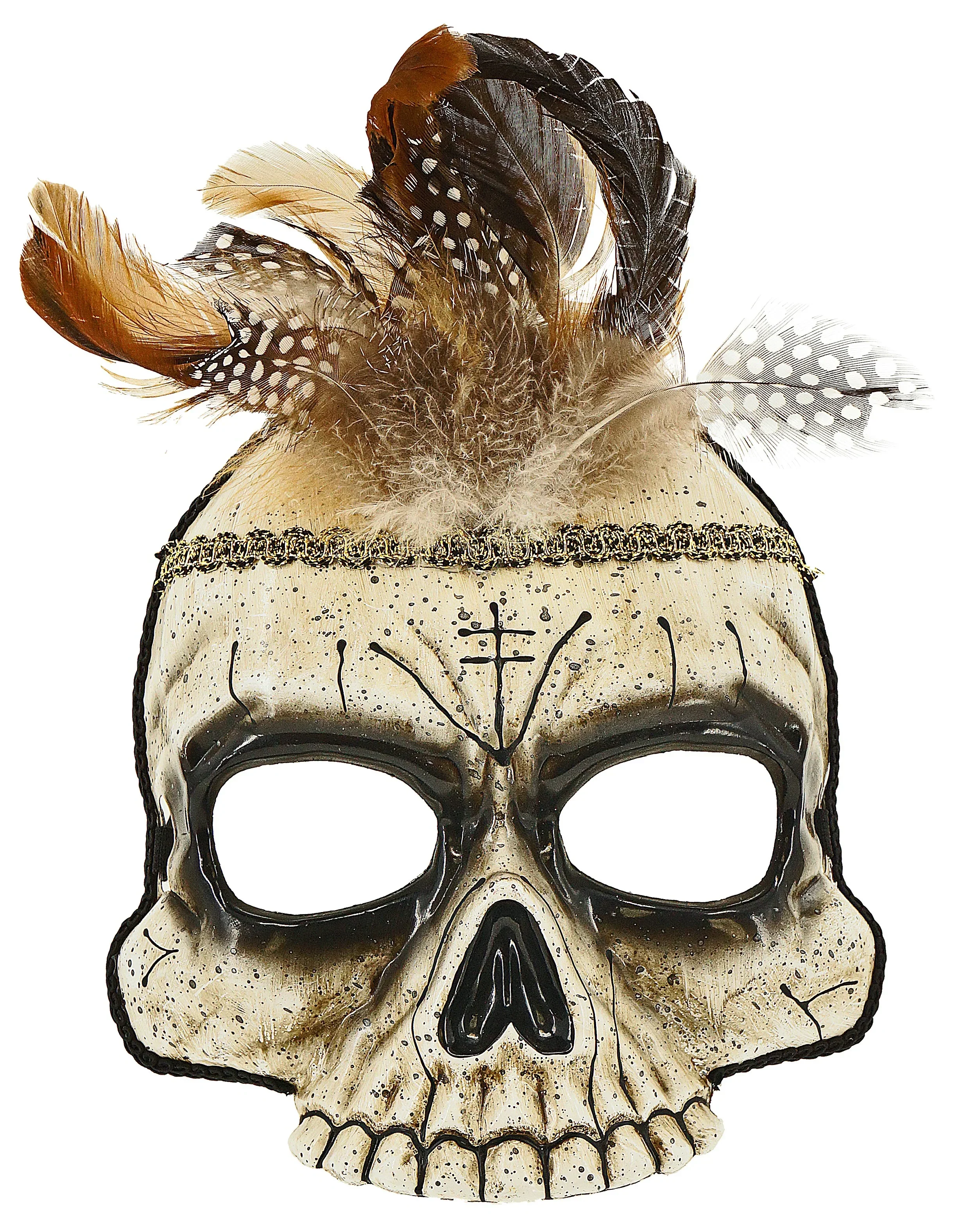 Máscara de Calavera de Chamán Vudú con Plumas
