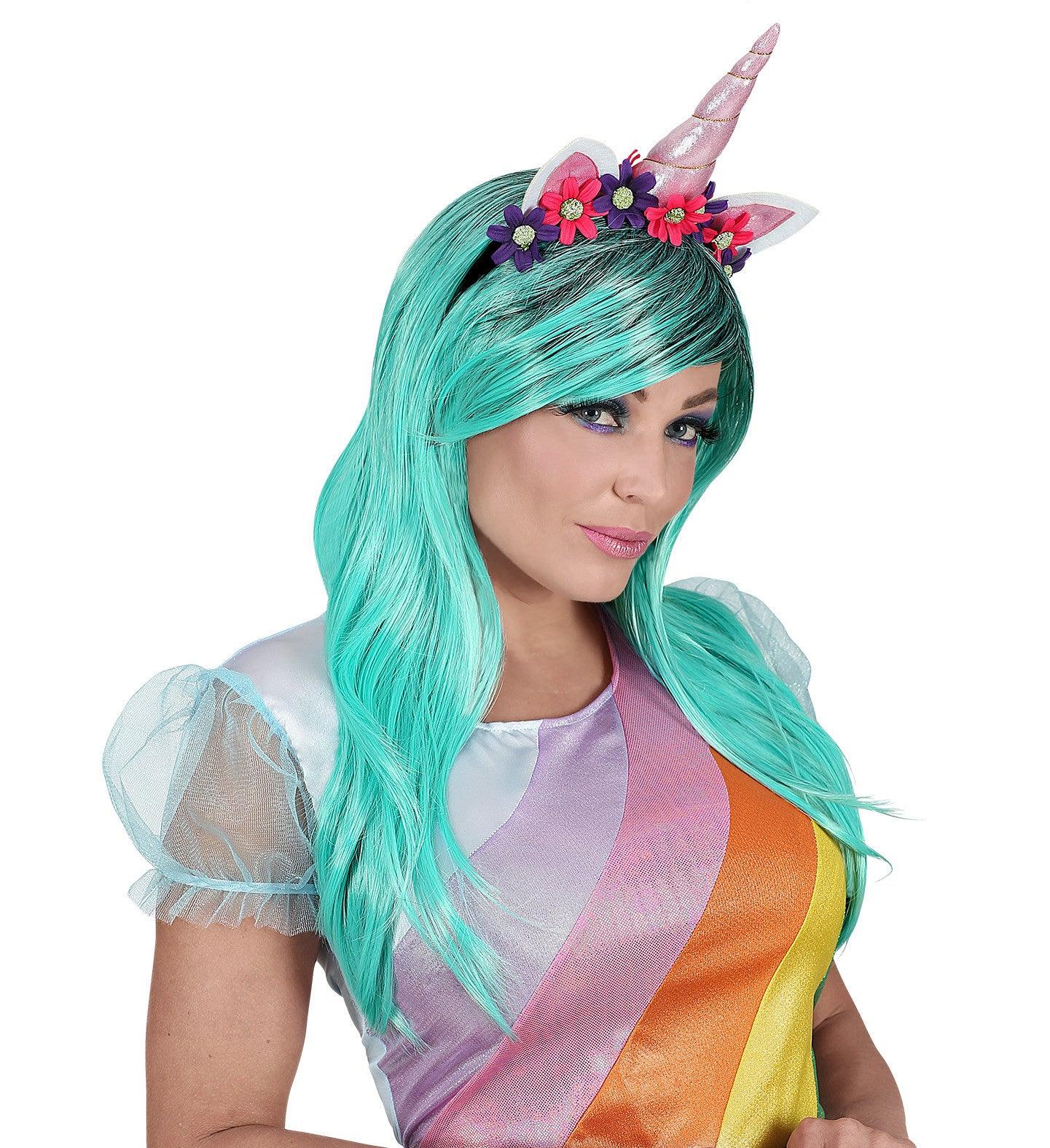 Peluca Azul Verdosa Larga con Diadema de Unicornio - Image 2