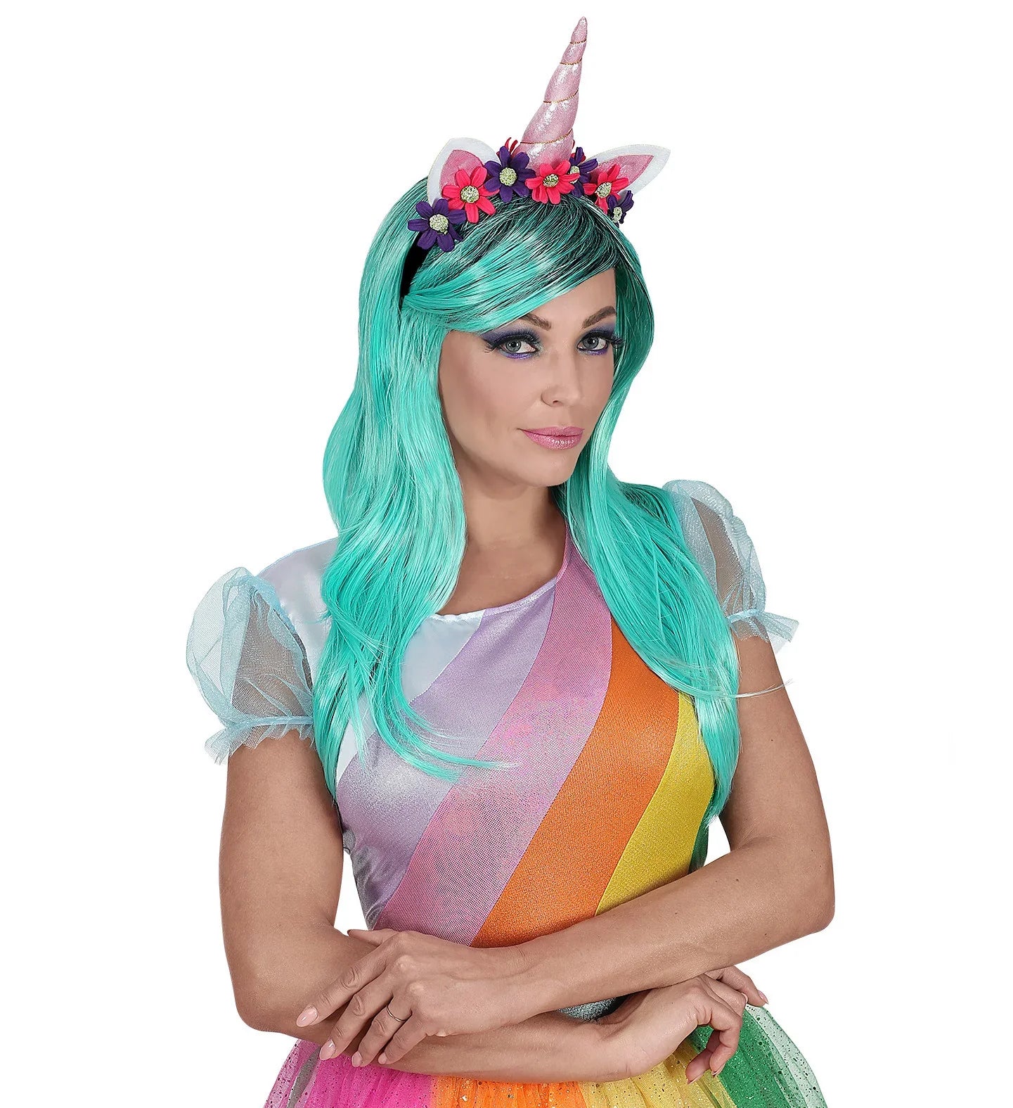 Peluca Azul Verdosa Larga con Diadema de Unicornio - Image 3