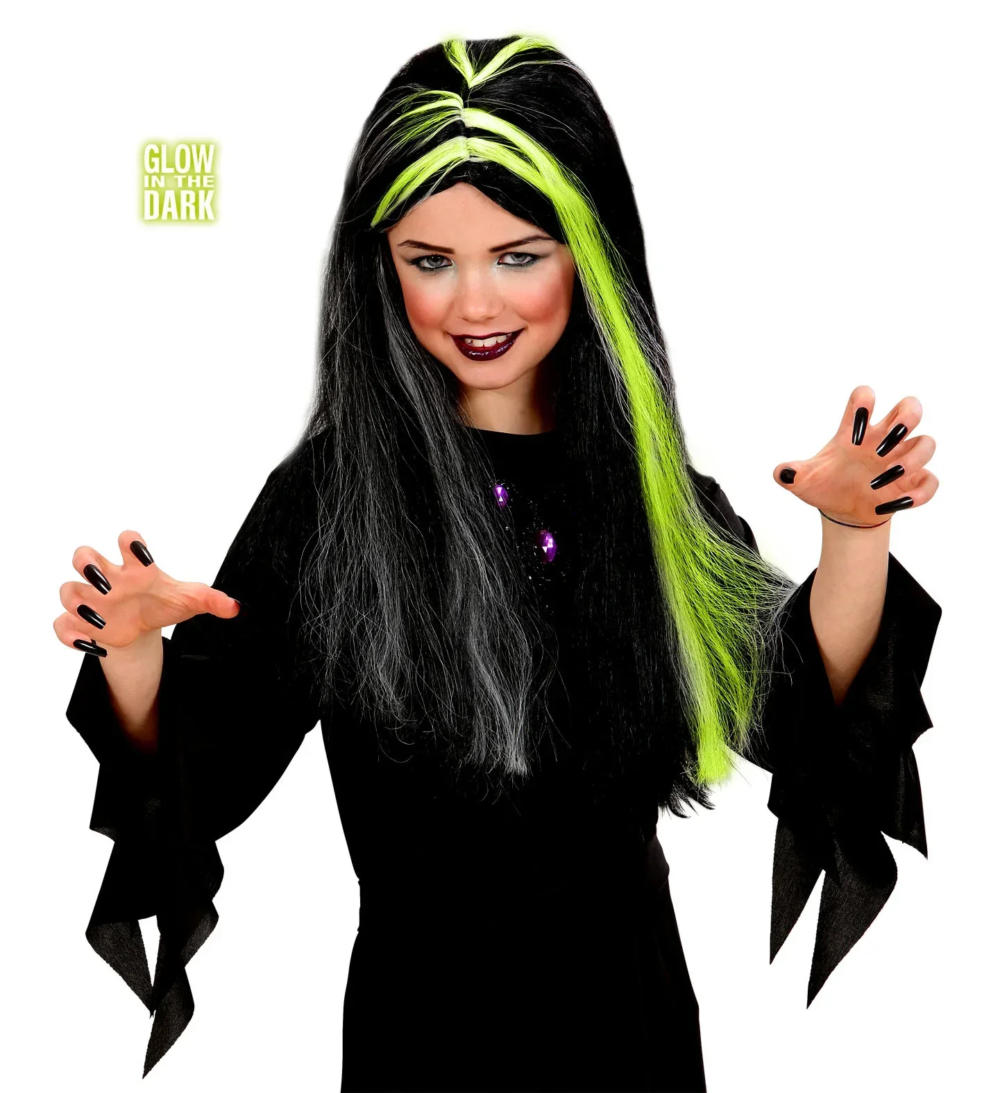 Peluca de Bruja Infantil Morena con Mechas Blancas Fluorescentes - Image 2