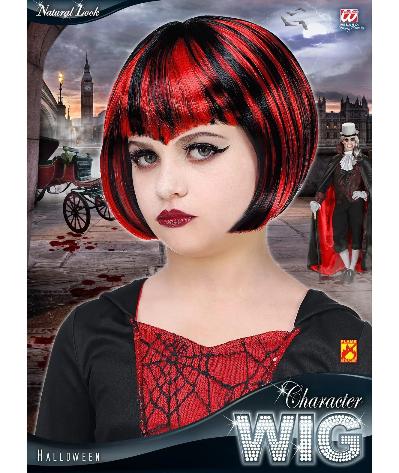 Peluca de Vampiresa Infantil Morena con Mechas Rojas - Image 2