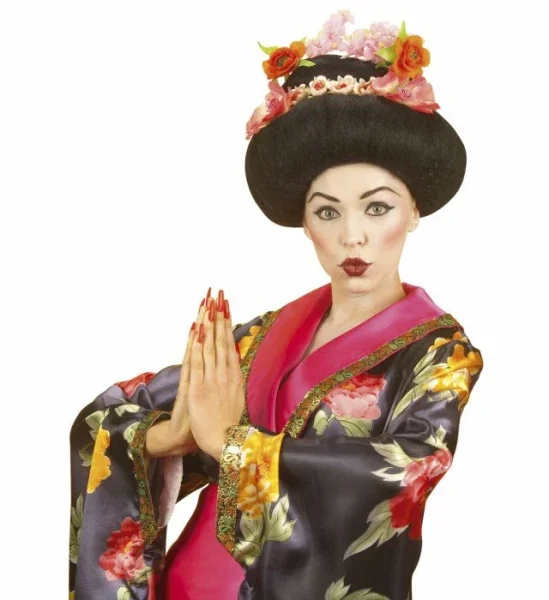 Peluca de Geisha Morena con Flores Lujo - Image 2