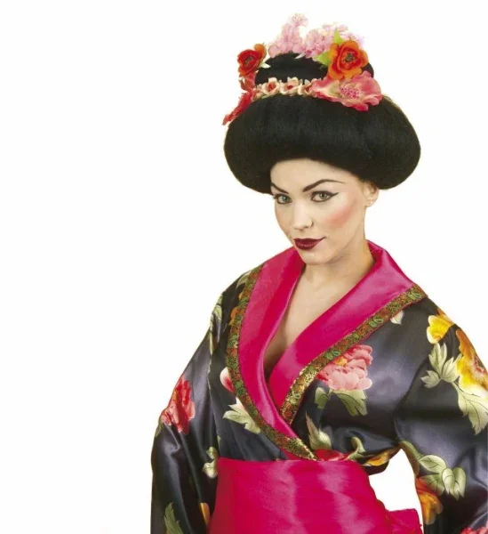 Peluca de Geisha Morena con Flores Lujo - Image 3