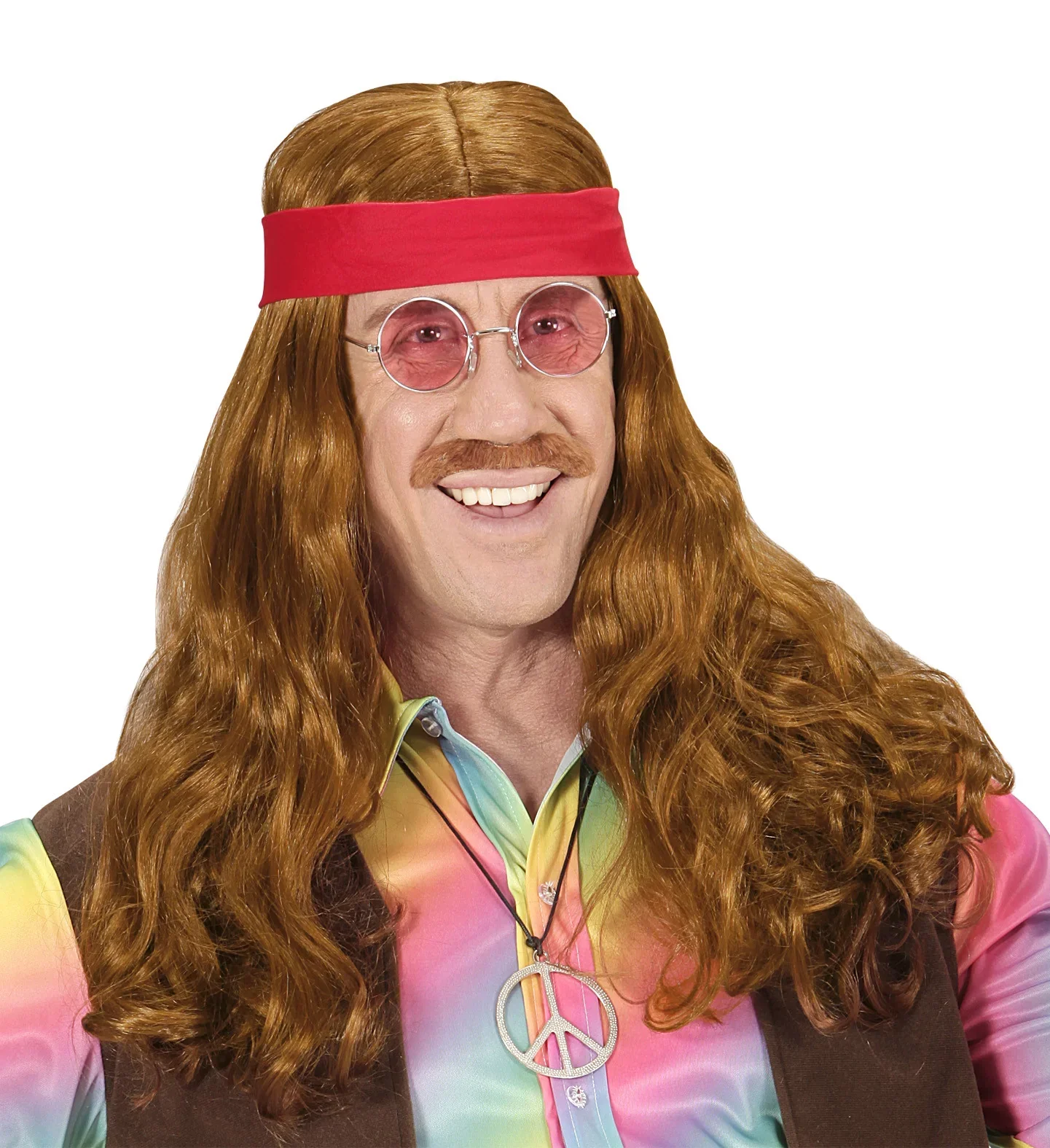 Peluca Hippie Castaña Larga con Bandana y Bigote - Image 2