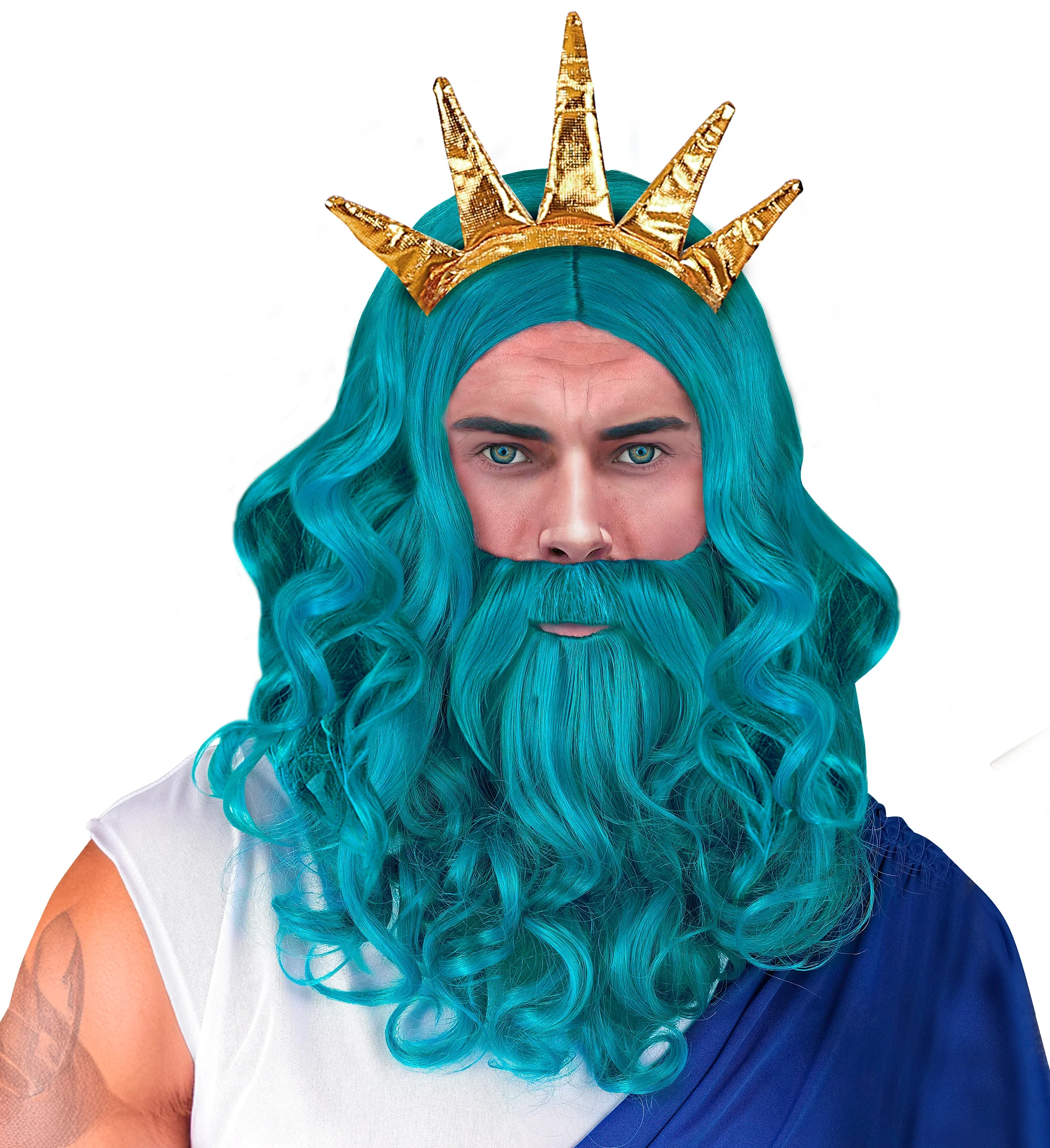 Peluca de Neptuno Azul Turquesa con Barba