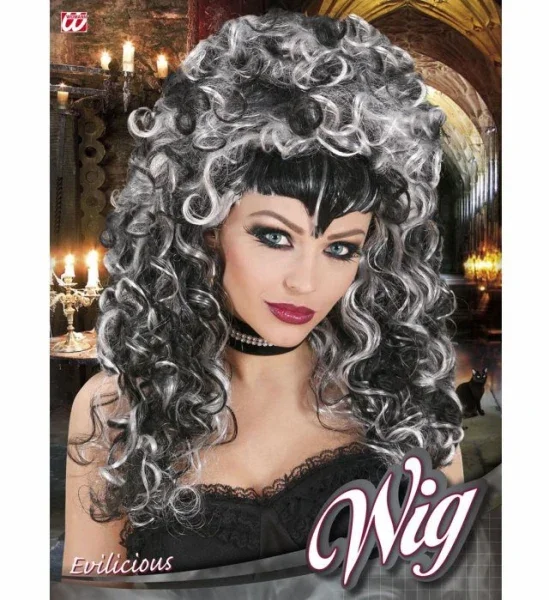 Peluca de Vampiresa Blanca y Negra Rizada - Image 3