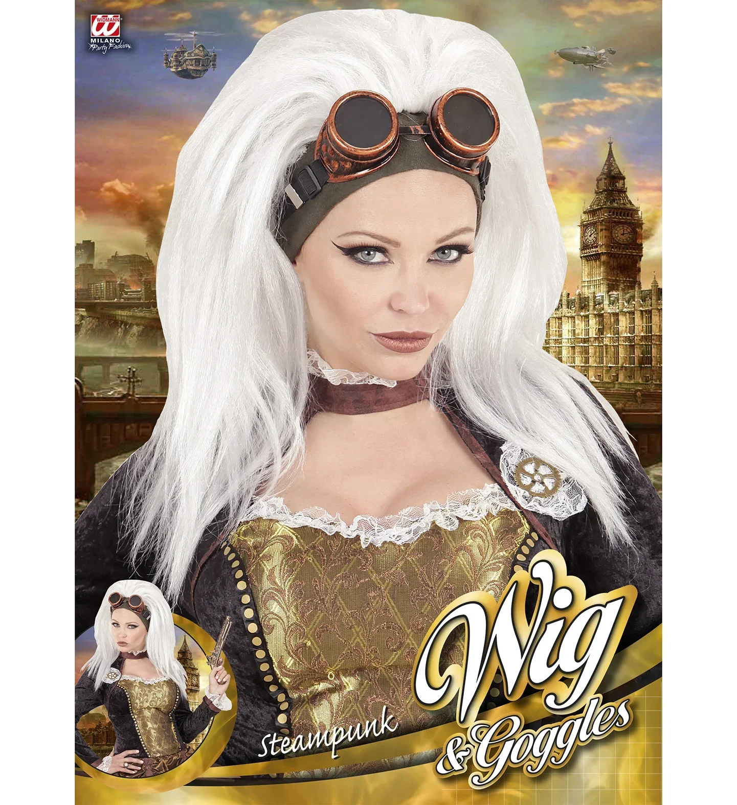 Peluca Steampunk Blanca con Gafas - Image 3