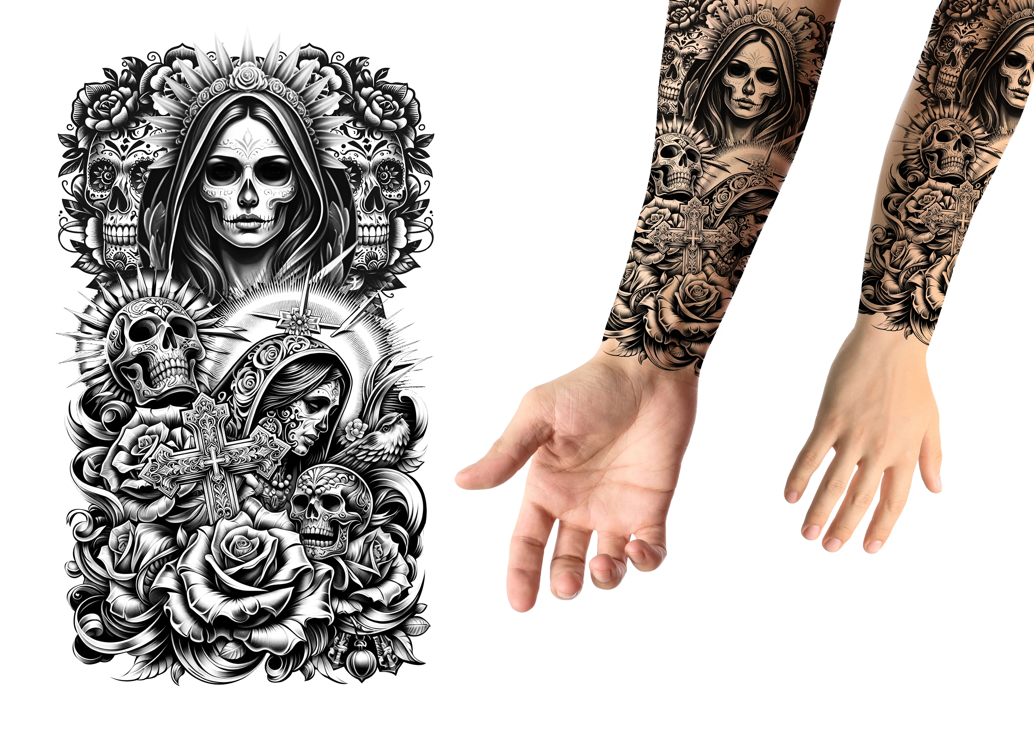 Tatuaje Adhesivo de Catrina y Calaveras Mexicanas