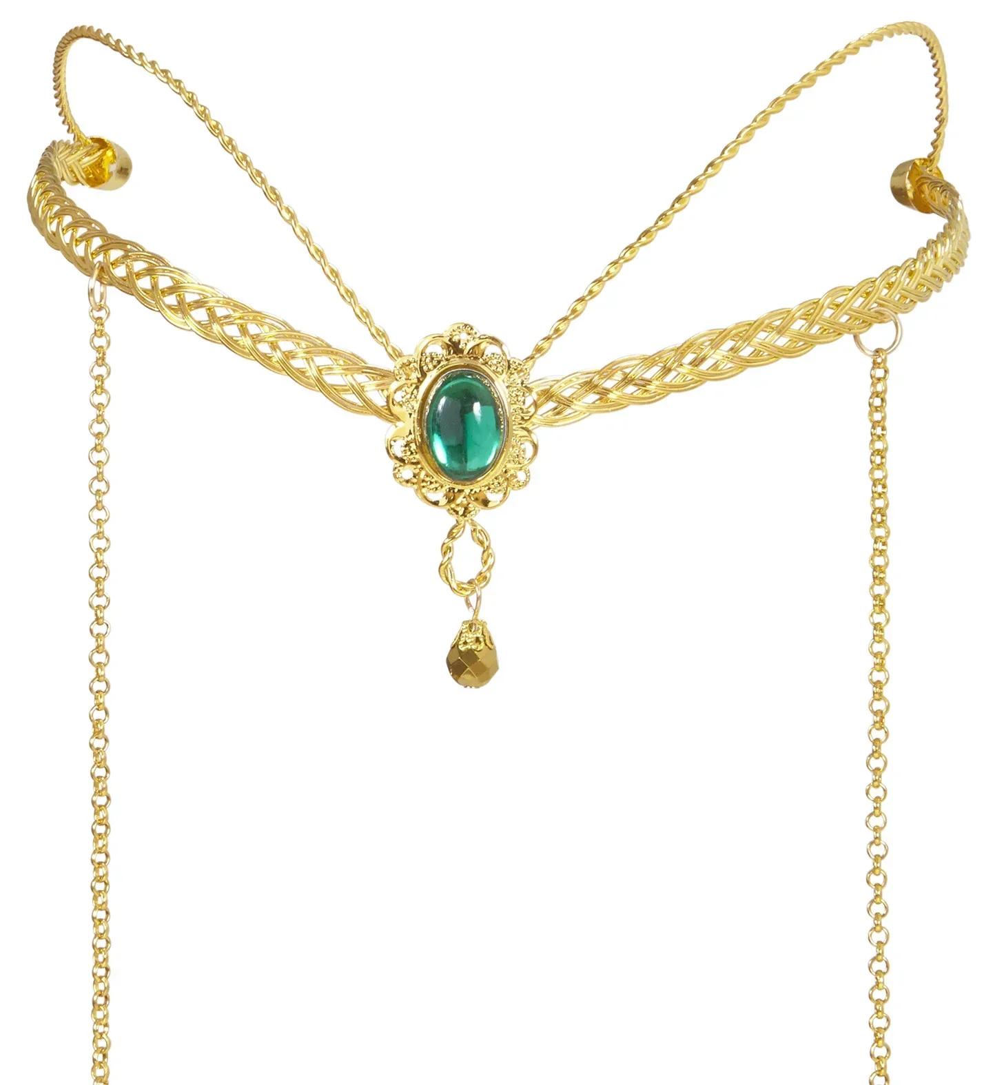 Tiara Élfica Dorada con Gema Verde y Colgantes - Image 3