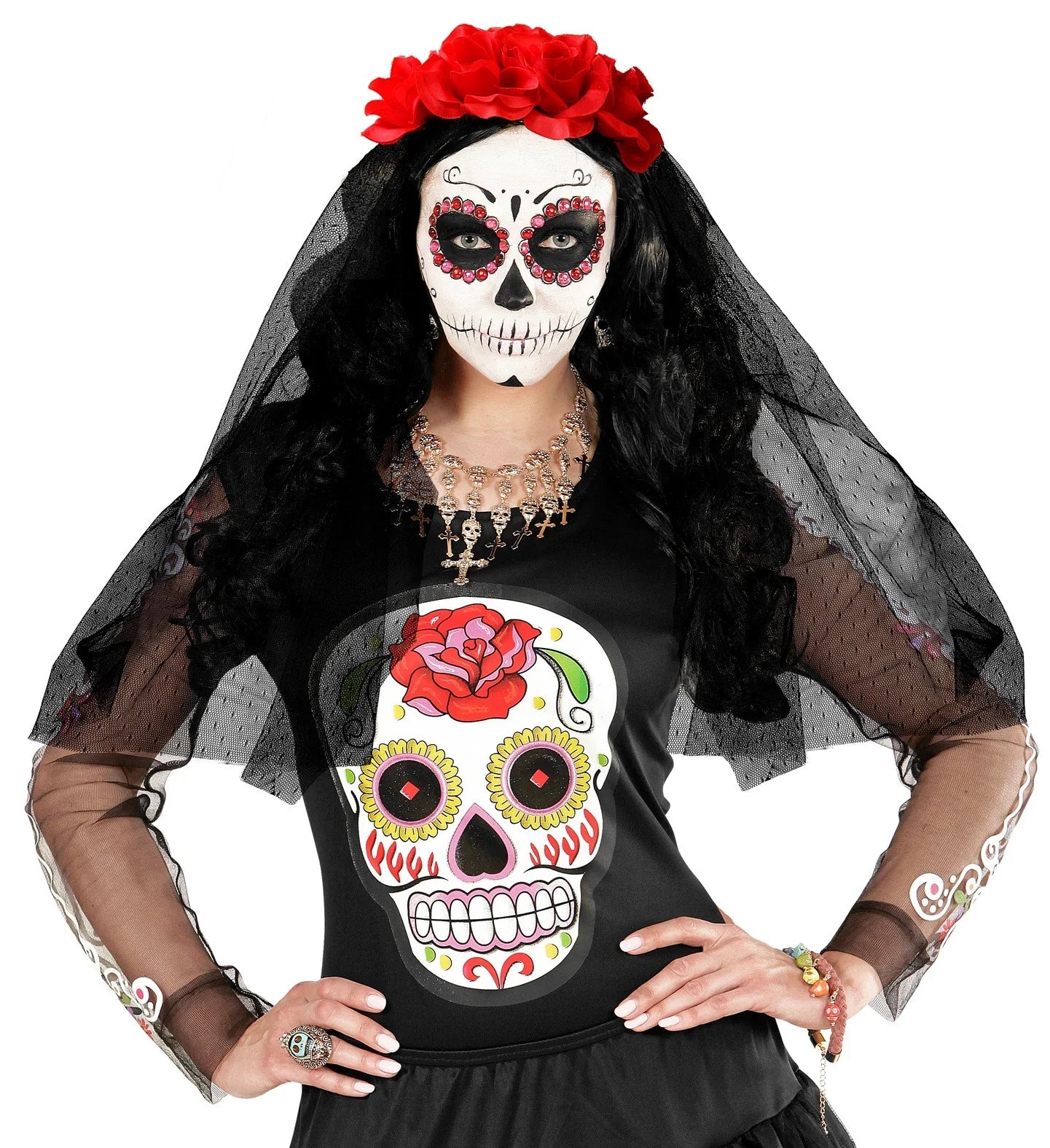Tocado de Catrina con Rosas Rojas y Velo Negro - Image 2