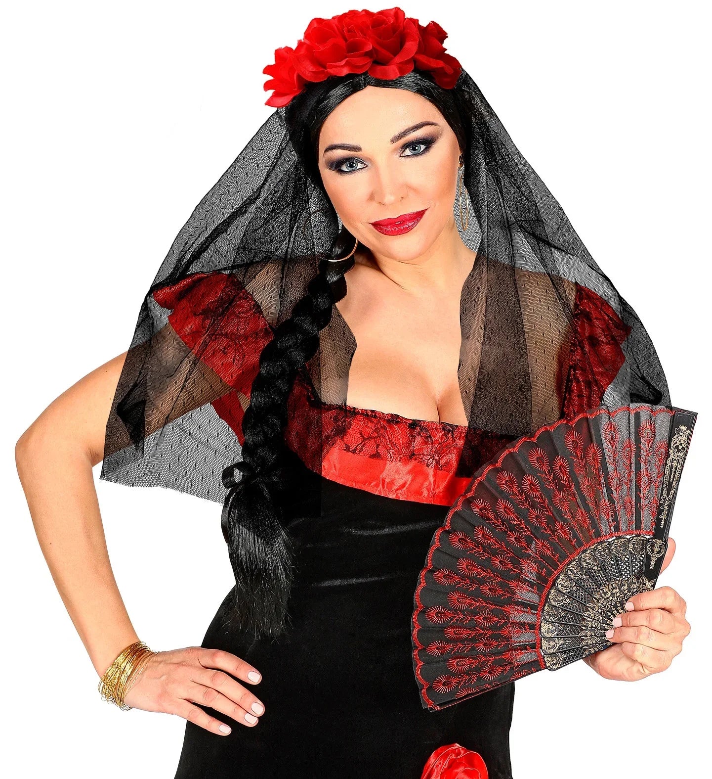 Tocado de Catrina con Rosas Rojas y Velo Negro - Image 3