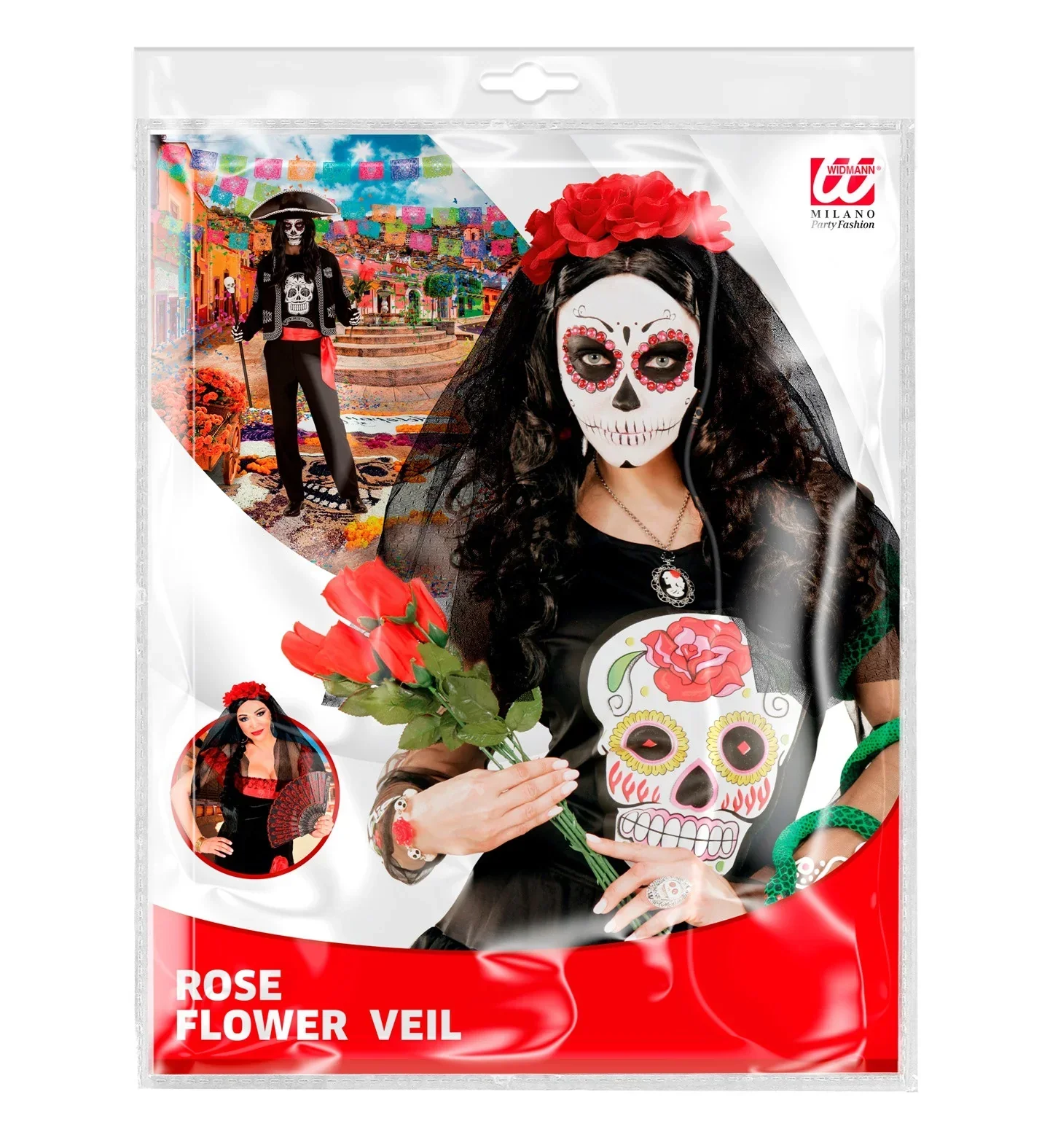 Tocado de Catrina con Rosas Rojas y Velo Negro - Image 4