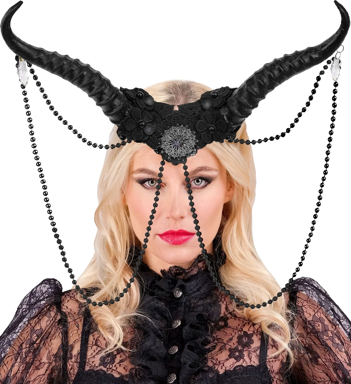 Tocado con Cuernos Negros Decorado con Perlas - Image 3