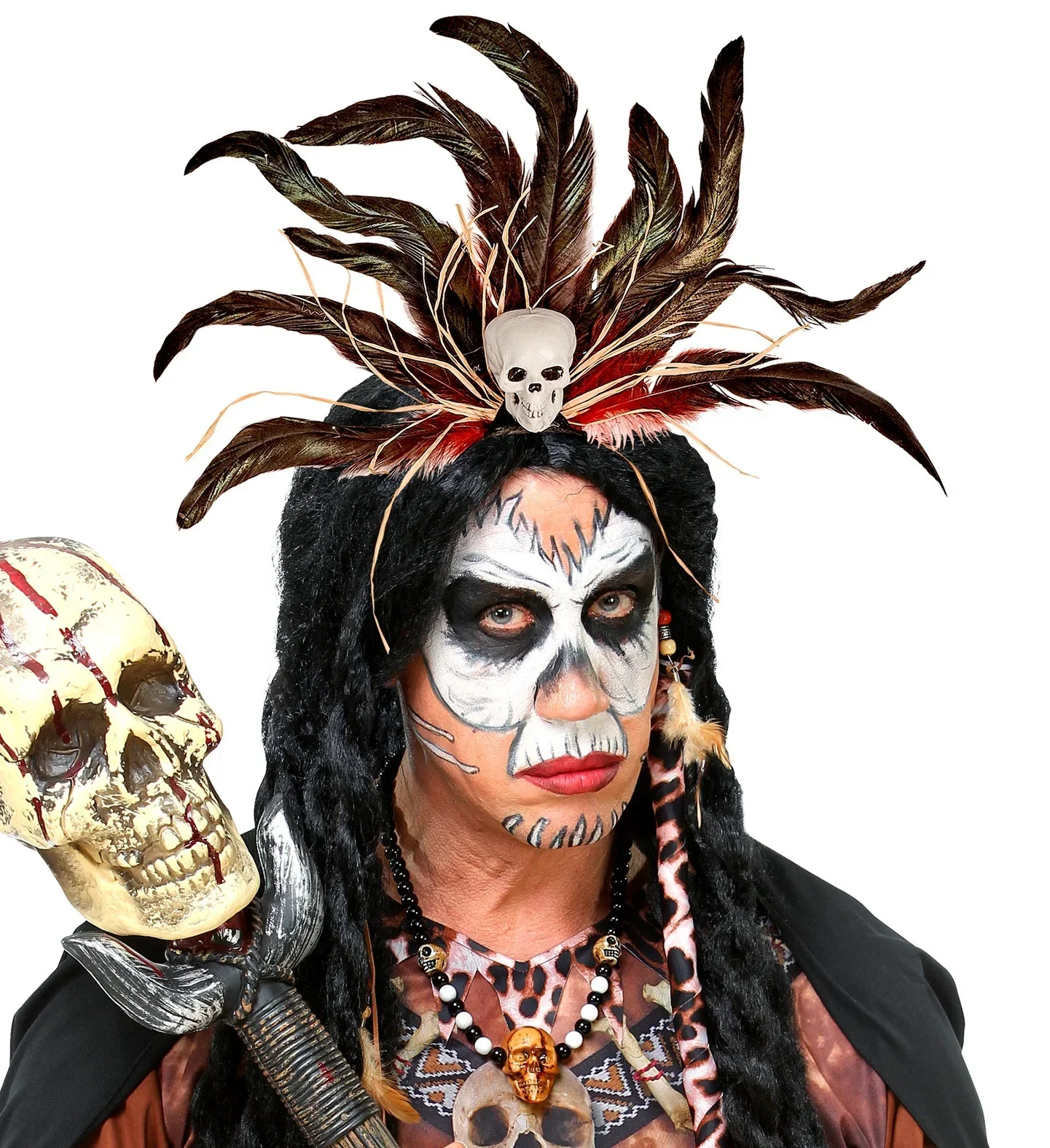 Tocado Vudú con Calavera y Plumas Rojas y Negras - Image 3