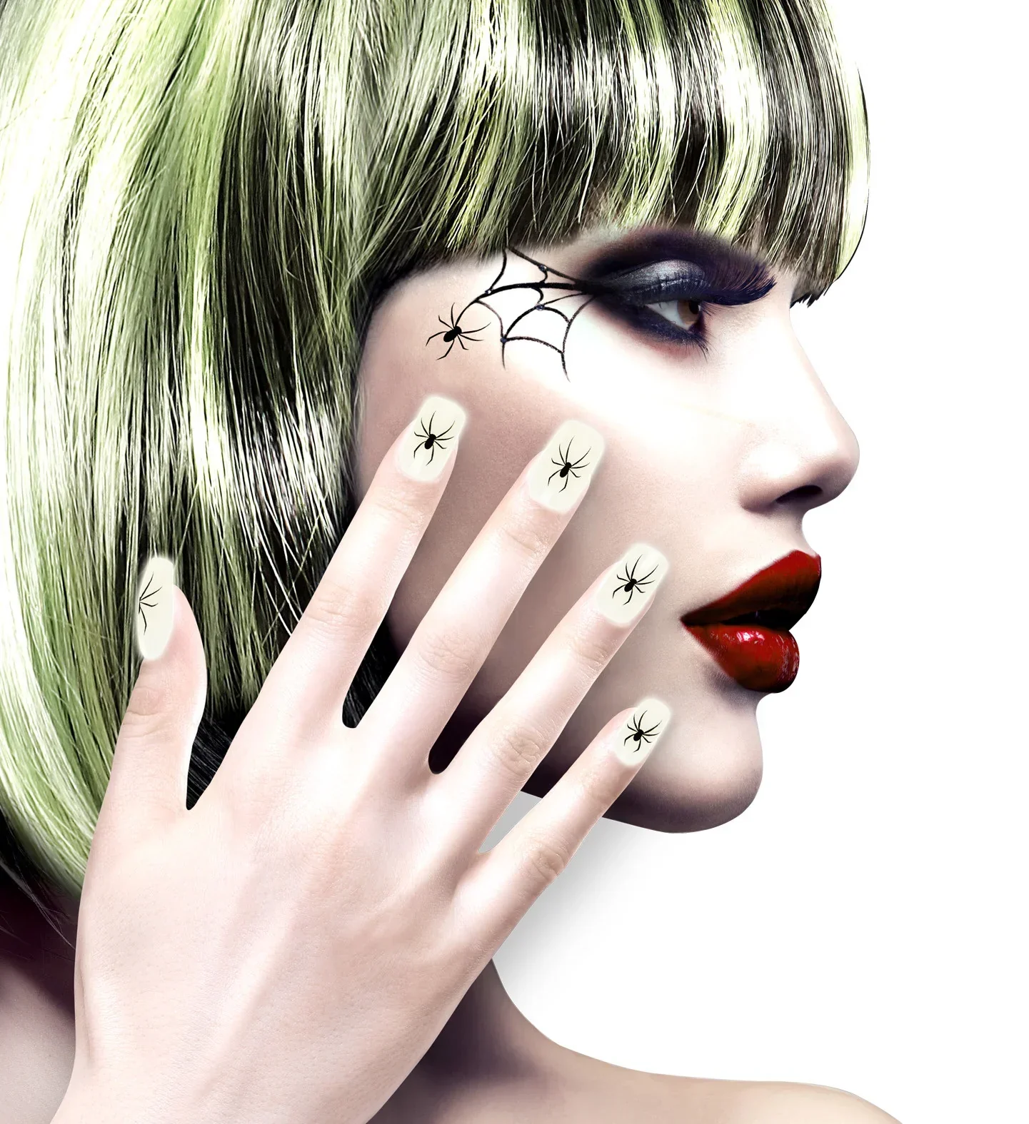 Uñas Postizas Blancas Fluorescente con Arañas